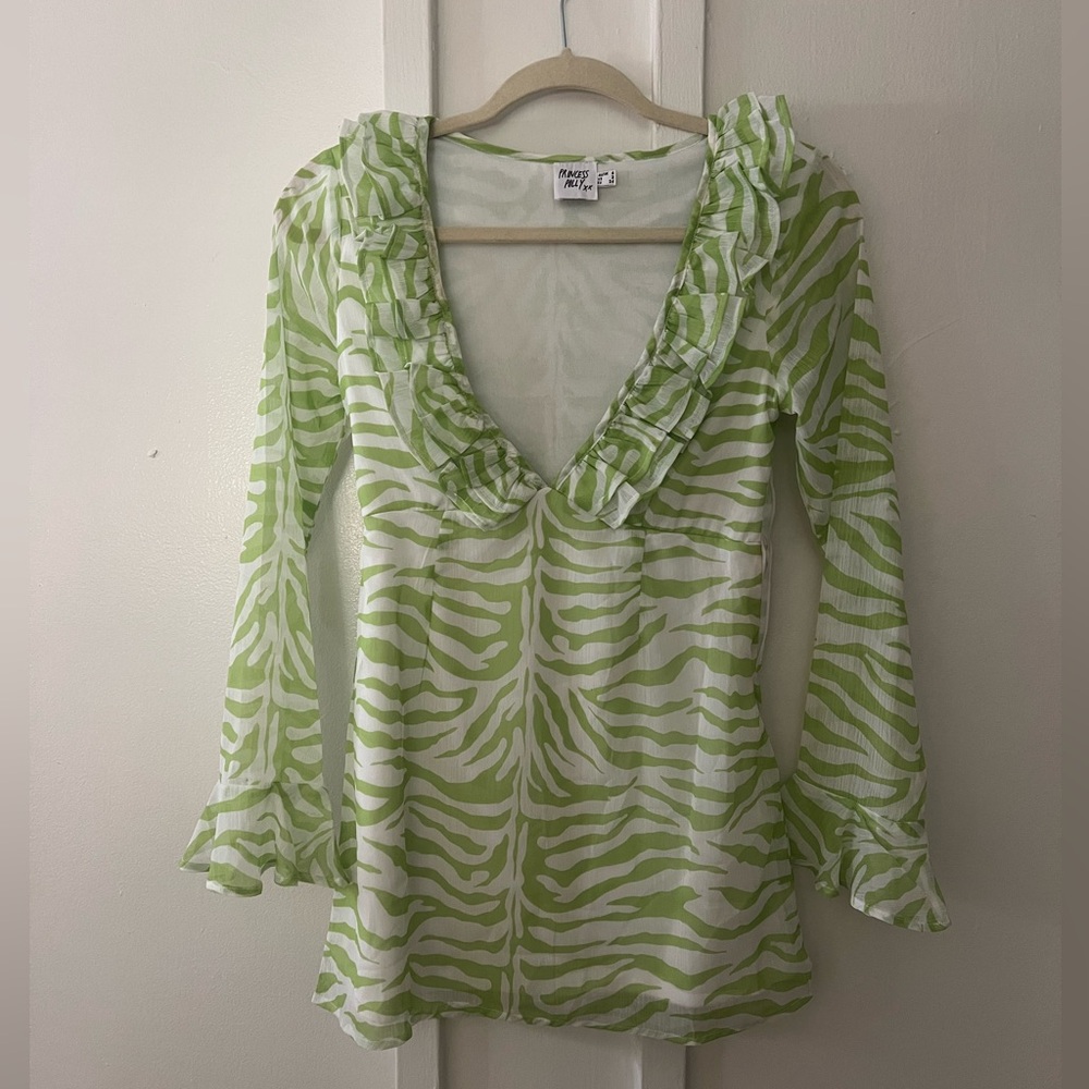 Princess Poly White and Green Tiger Print Ruffle Long Sleeve Mini Dress